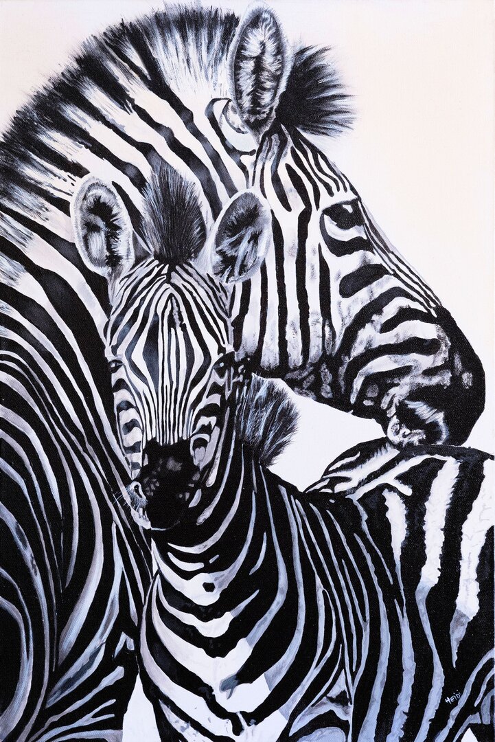 Realistic oil painting of zebras by Heidi Adendorff.
						